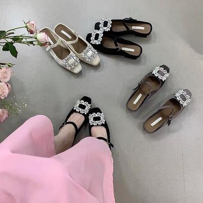Korean Version of One-word Buckle Bag Head and Half Slippers for Women, the New Rhinestone Square Buckle In the Early Spring of 2025, and the Empty