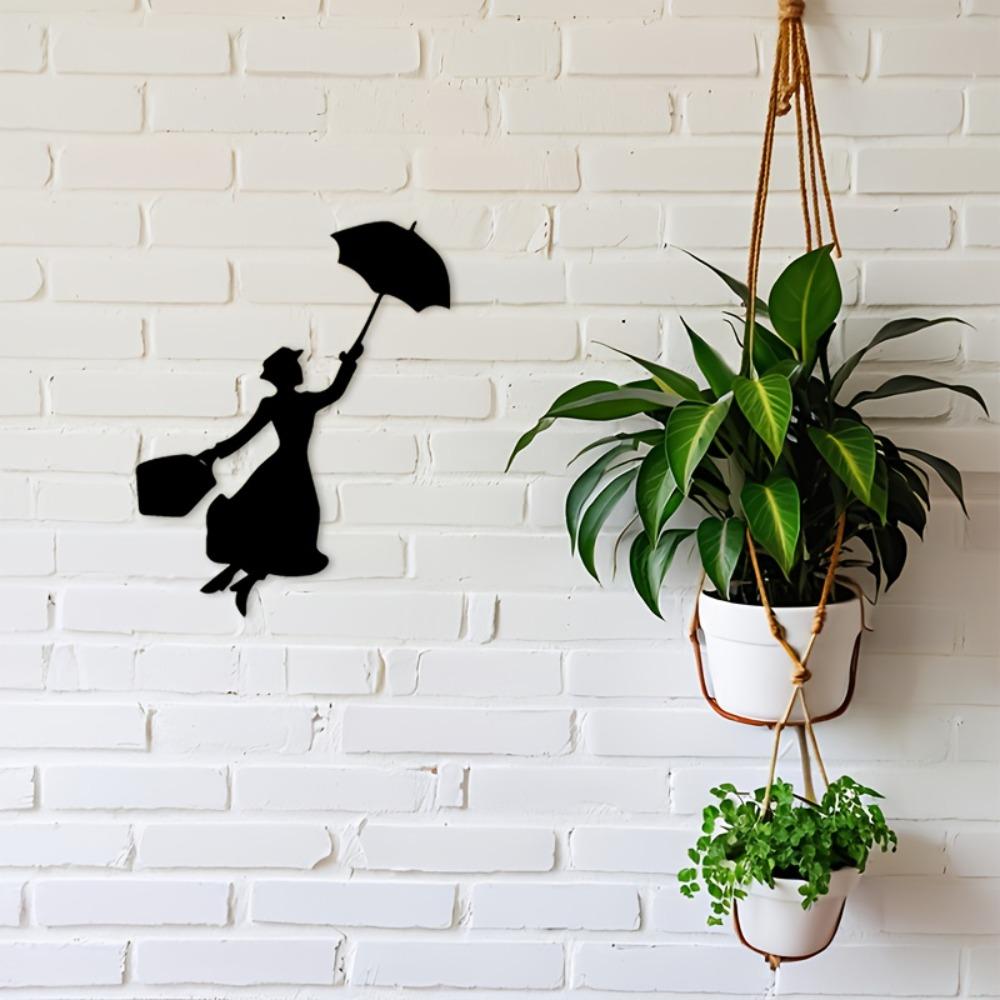 1pc 2D Flat Mary Poppins Silhouette Metal Wall Art Black Decorative Plaque Sign for Living Room Bedroom Study Ambiance Indoor Outdoor Home Decor