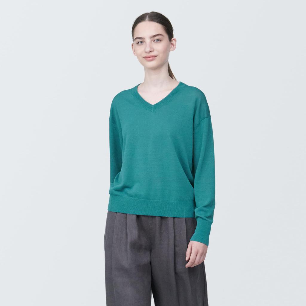 MUJI Hemp Blend Dark Size BA1OHA4S Women's UV-Cut V-Neck Sweater, Green, XL,