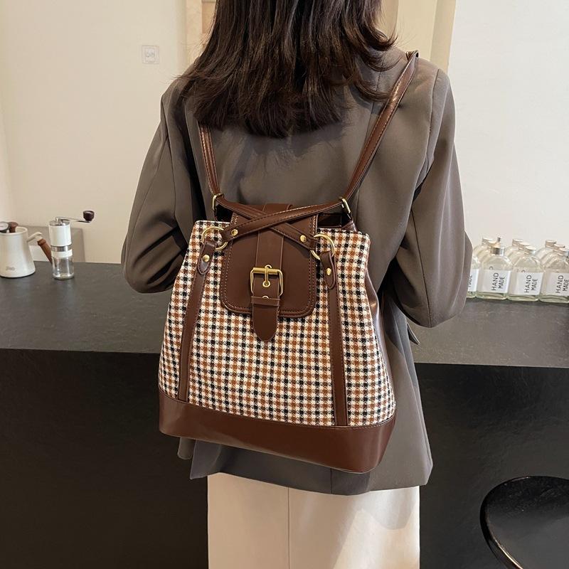 Karierte Umhängetasche mit großer Kapazität für Damen im Vintage-Stil, Einkaufstasche, Rucksack