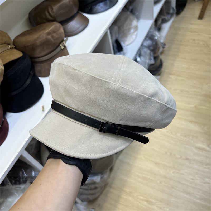 Autumn and Winter Belt Splicing Polished PU Leather Flat Top Hat Women's Niche Short Cover All-match Crooked Trendy Hat