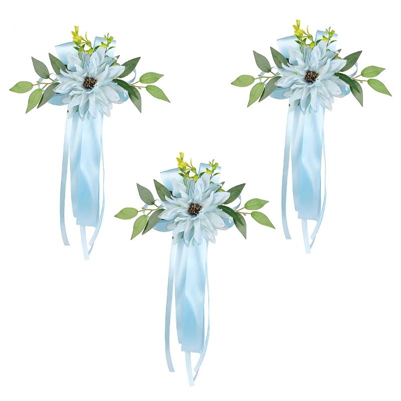 Romantics Florals Rearview Mirror Bowknot For Wedding Car Faux Flowers And Ribbon Chair Back Flower Decoration
