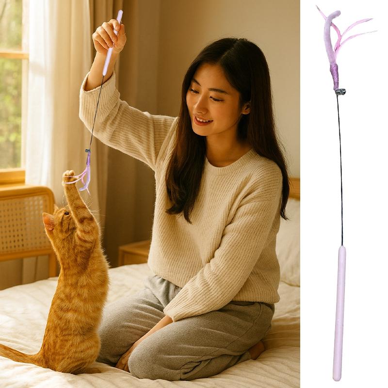 Pet Cat Toy Stick Cat Teaser Stick Indoor Cat Toy Replaceable Feather Head Feather Rod Cat Paly Toys