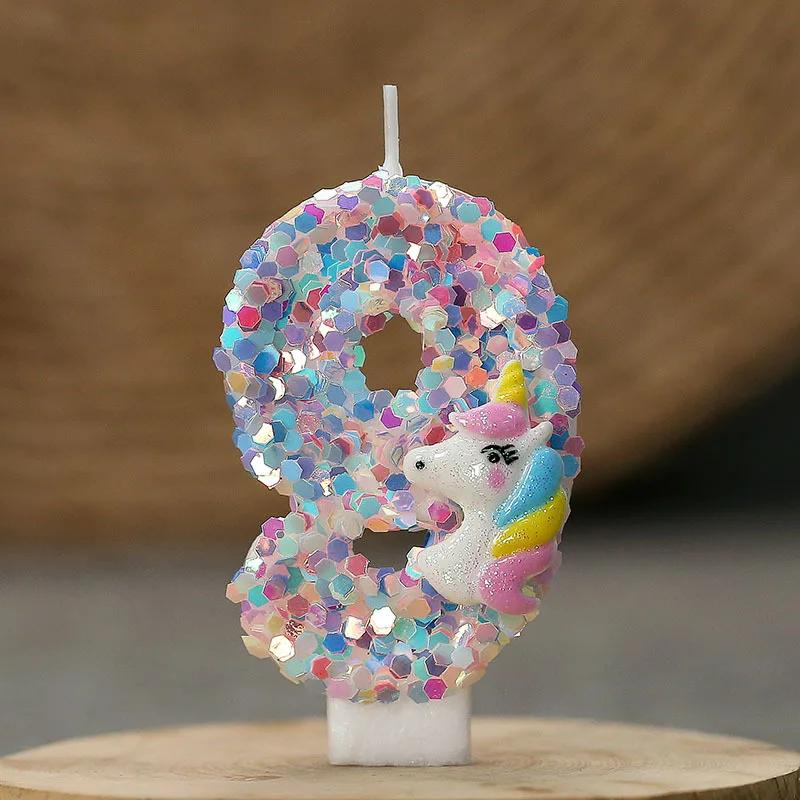 Gradient Pink Unicorn Happy Birthday Candles with 0-9 Number for Cake Decoration Children's Party Favors Cake Toppers DIY