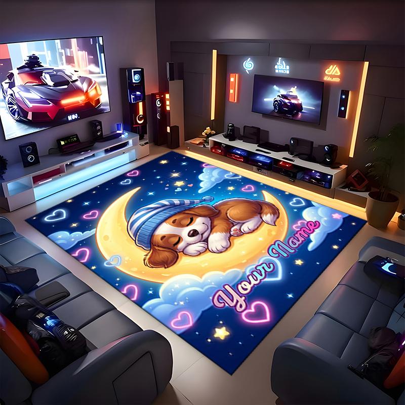 1PC Custom Name Moonlit Dreams Puppies Theme Floor Mat Ideal for Living Room, Game Rooms, Office, Bedroom,Floor Mat Playful Design