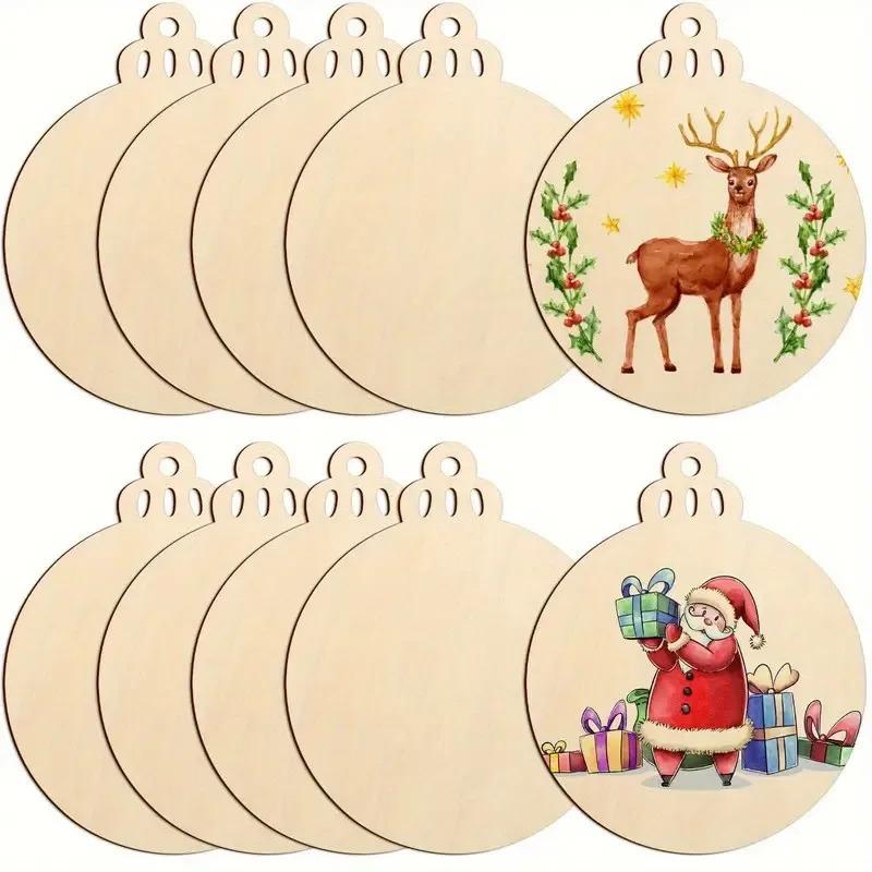 Pure wood ornaments, laser-cut circular plates with holes, handmade holiday decorations featuring Santa Claus, handcrafted