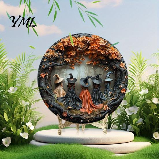 Minimalist Wooden Sign for Garden Halloween Round Hanging Door with 5 Witches, Decorative Boho Style Home Accent Wall Plaque Front Porch Yard Balcony