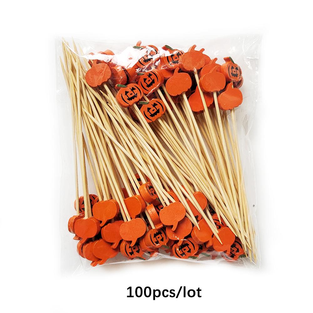 100Pcs Halloween Pumpkin Skewers Bamboo Picks Fruit Forks Buffet Dessert Toothpicks Ghost Bat Halloween Party Decoration