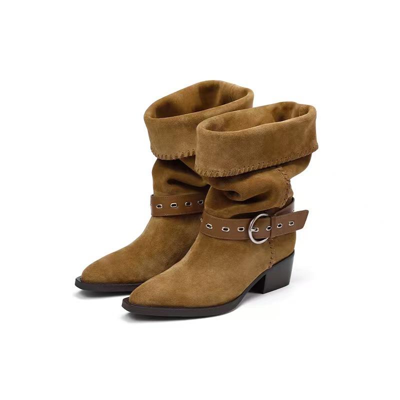 Spot~ White Deer Same Retro Two-wear Knight Boots 2025 New Autumn and Winter Pointed Pleated Western Pile Boots