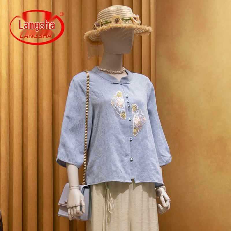 LangSha Mid-Aged Women s Cotton Linen Summer Top & Set 3XL