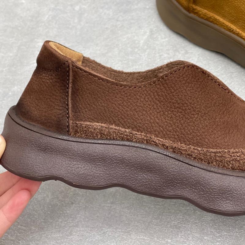 Johnature Vintage Handmade Genuine Leather Loafers Round Toe Thick Soled Cowhide Women's Slip-on Shoes