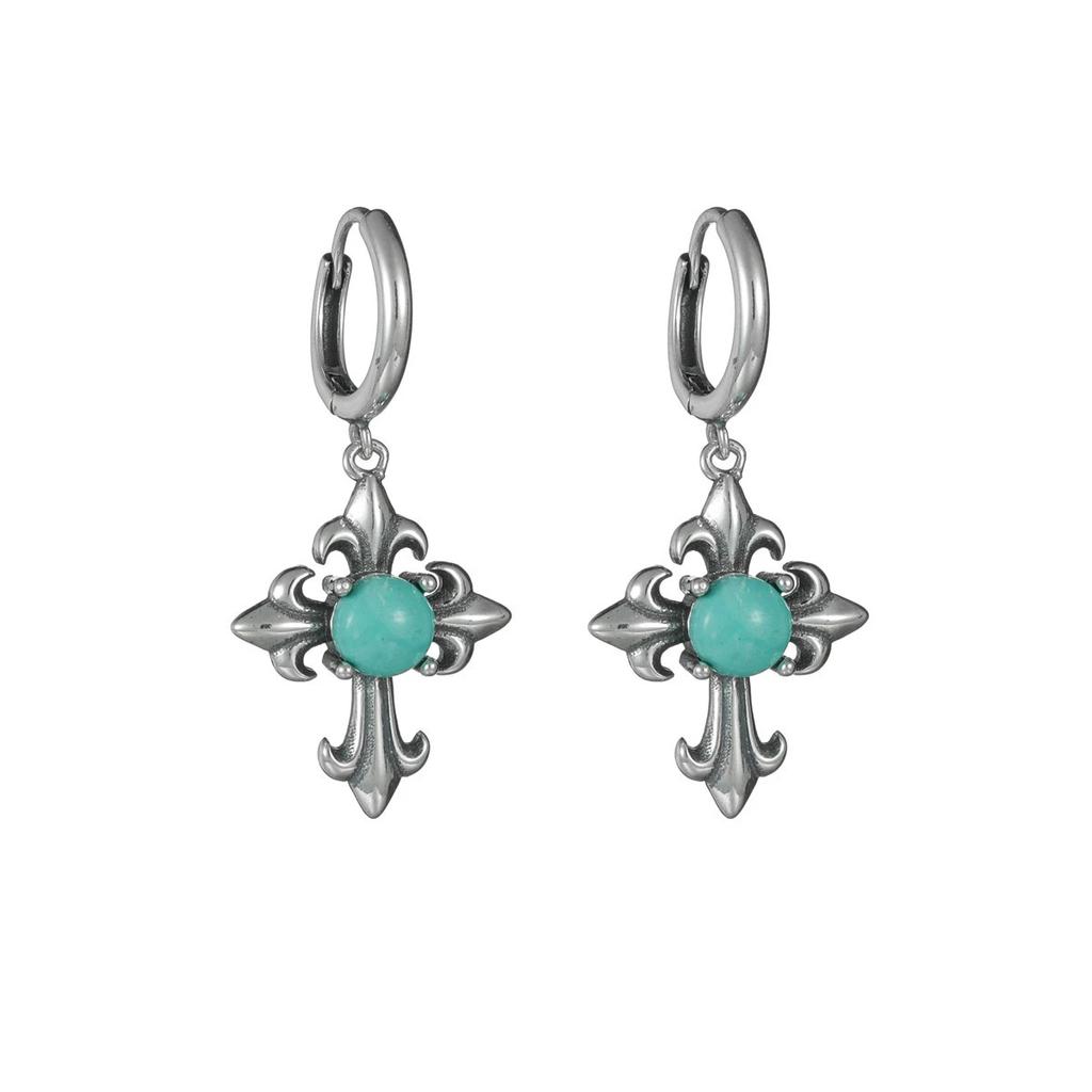 Vintage Heavy Industry Turquoise Cross Earrings Silver Needle Inlaid Vintage Literary Cross Earrings Earrings