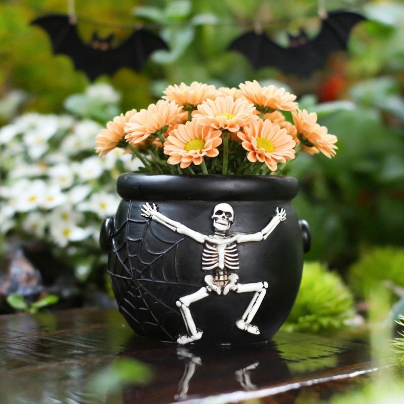 Spiderwebs Cauldron Plant Pot, Halloween Resins Skull Planter for Mini Succulents, Small Decorative Container for Desk Shelf and Windowsill Styling