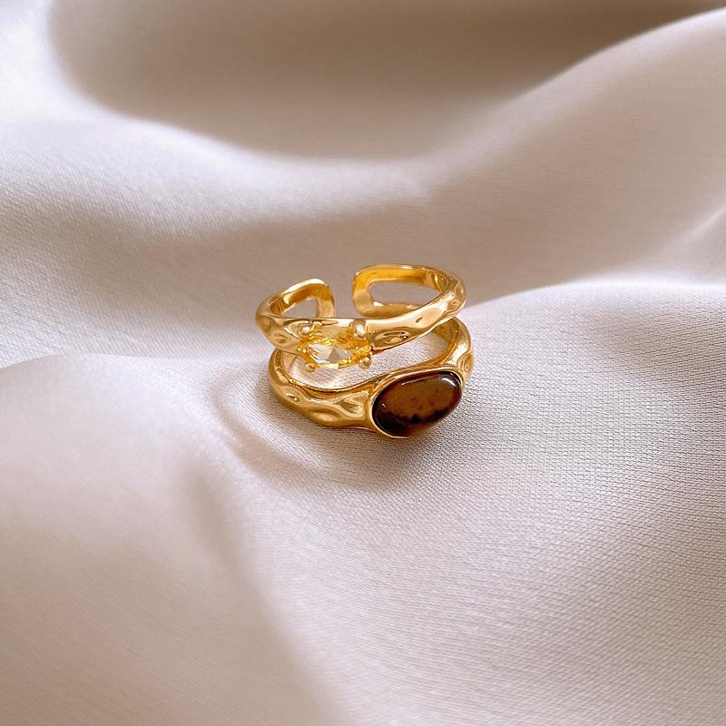 18k exquisite retro zircon tiger s eye double-layer open ring temperament jewelry