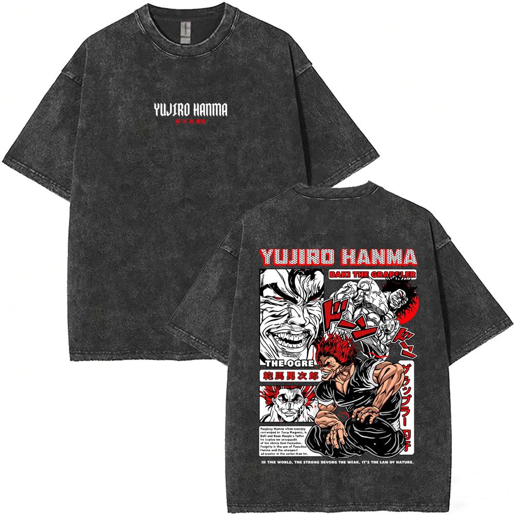 Camiseta Gráfica Vintage Lavada de Anime Baki Yujiro Hanma para Hombre, Camisetas Retro de Manga Oversize, Ropa Casual d 2234