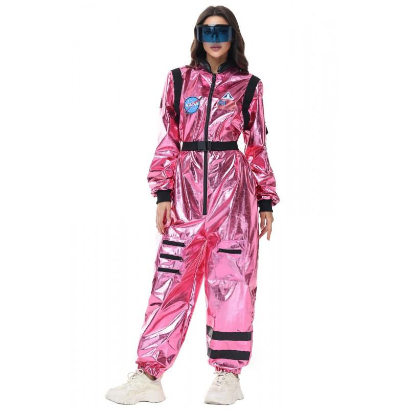 Adult Pink Shiny Jumpsuit Astronaut Costume Halloween Cosplay Party Outfit