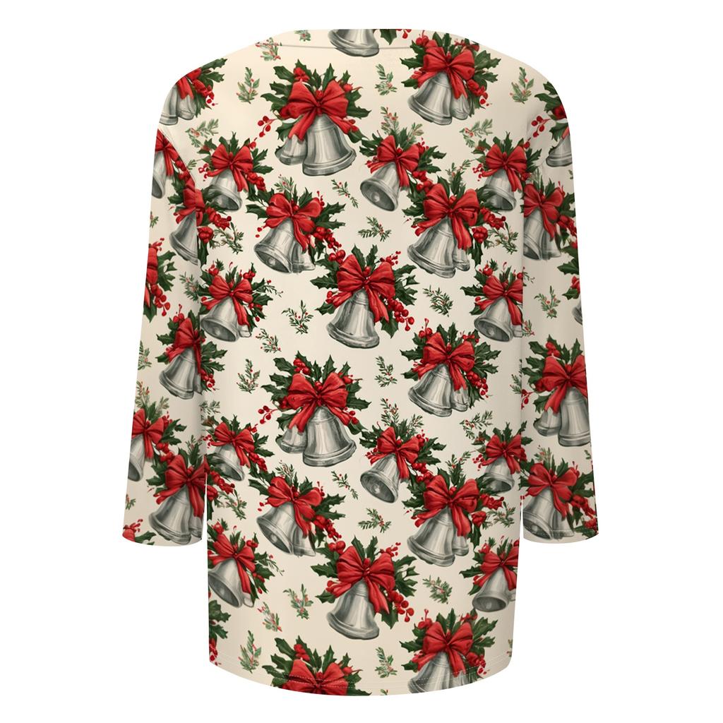 Women's Casual Christmas Printed Three-Quarter Sleeve Neck T-Shirt Tee Top