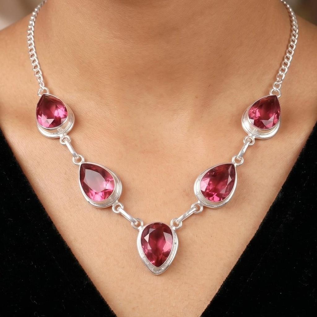 Pink Tourmaline Gemstone Silver Necklace 925 Sterling Silver Handmade Necklace For Women Birthday Gift RN-1-5