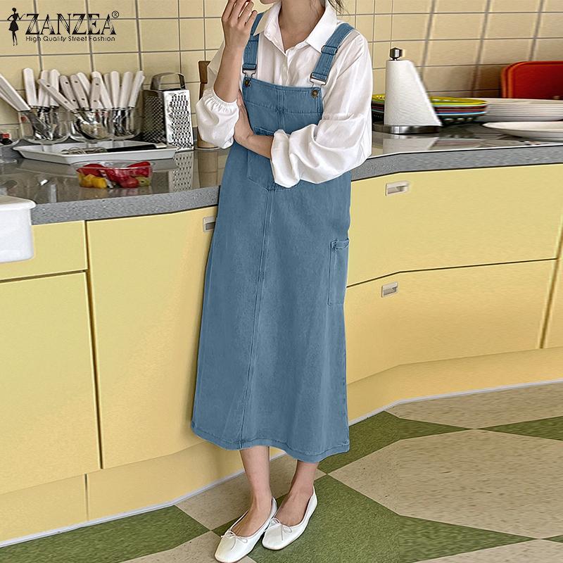 

ZANZEA Женское свободное повседневное летнее платье на подтяжках без рукавов S синий