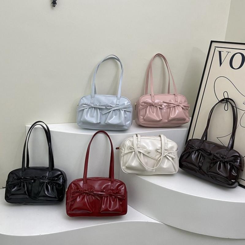Sweet Bow Pleated Design Women Shoulder Bags Double-pocket Large Capacity Ladies Underarm Bag Solid Color Female Handbags Tote