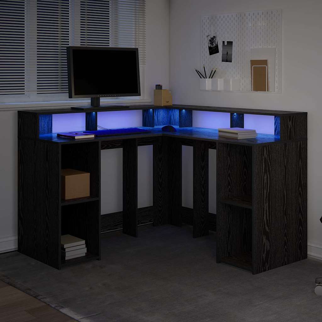 L shaped Desk with Shelf Black Oak Effect 130 x 130 x 91 cm