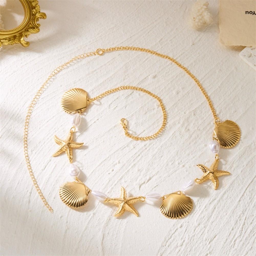 New Starfish Boho Waist Chain Seashell Conch Pendant Belly Chain Beads Imitation Pearl Bohemian Style Belt Jewelry