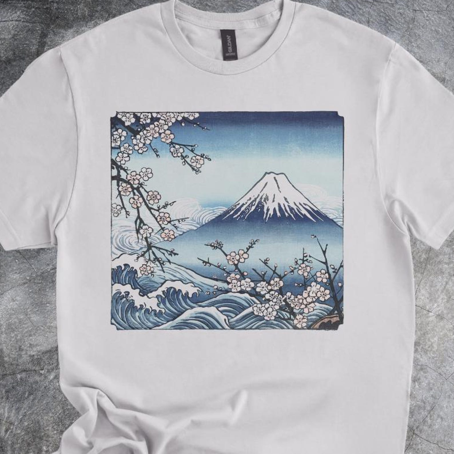 Mount Fuji Blossom Artwork Shirt Tshirt Japanese Landscape Wave Scene Blue Print Gray 110
