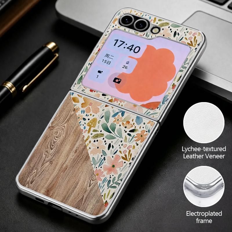 Retro Watercolor Flower Print Case For Samsung Z Flip 8 7 6 5 Luxury Plating Leather Skin Folding Phone Cover For Galaxy Z Flip8 Flip7 Flip6