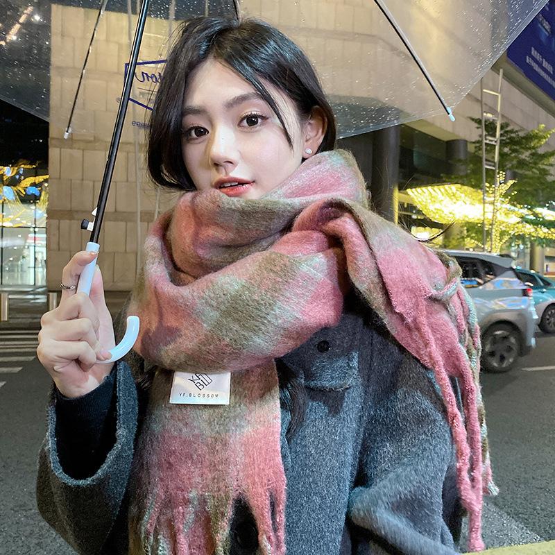 High End Plaid Scarf for Women In Winter New Style Mohair Plaid Shawl Versatile Thickened Warm Scarf Korean
