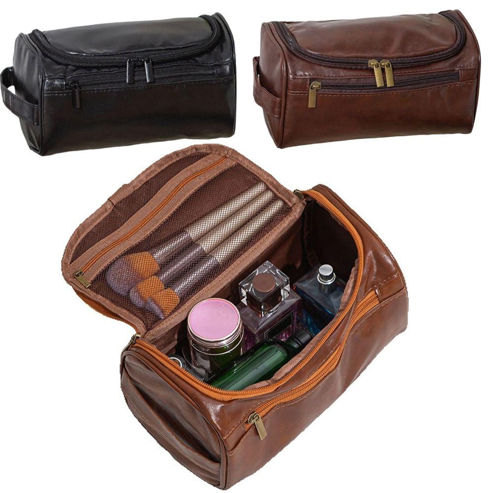 Travel PU Leather Men Toiletry Bag Vintage Luxury Zipped Cosmetic Bag Large Capacity Waterproof Wash Organizer Business