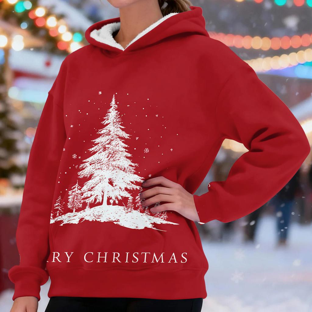 Women's Fashionable Casual Long-Sleeved Christmas Print Fleece-Lined Thick Hooded Sweatshirt