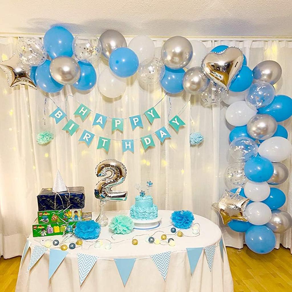12inch-50pcs blue silver and white latex balloon set with confetti, suitable for weddings, birthdays, pop parties