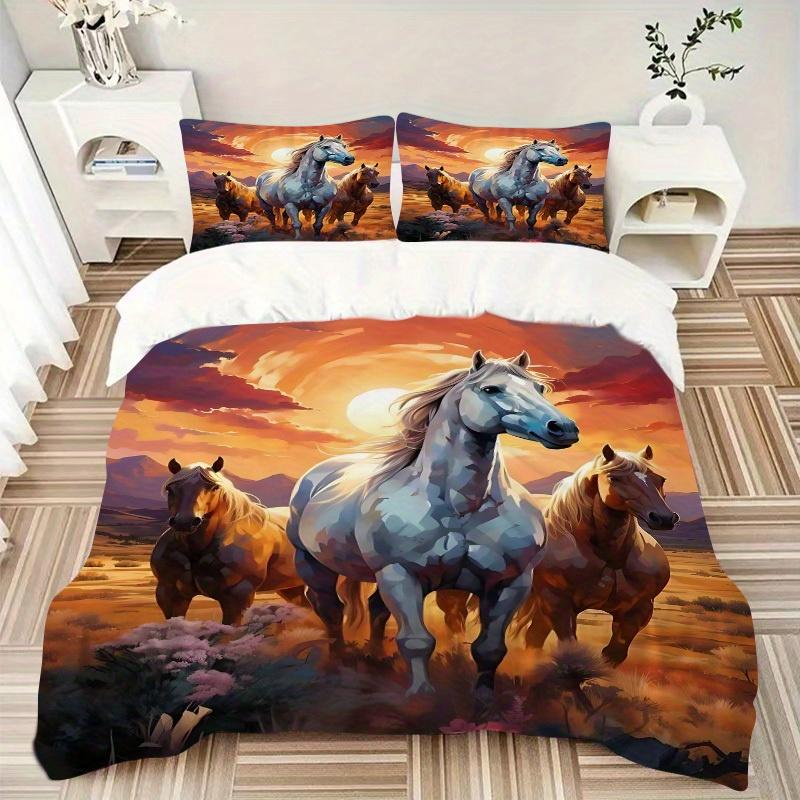 3pcs Animal-themed Horse Sunset Soft and Comfortable Breathability, Bedding Set, Machine Washable, Suitable for All Seasons134