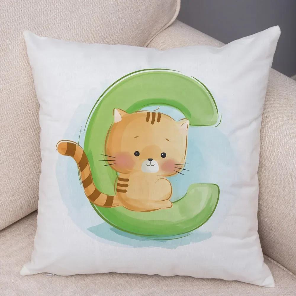 Cute Cartoon Cushion Cover Water Color English Letter Print Pillow Case Soft Animal Print Pillowcase For Children Room Decor