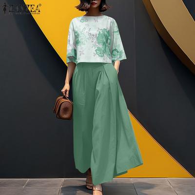 Women Print 3/4 Sleeve Blouse and Wide Leg Pants Casual Two Piece Suit Sets