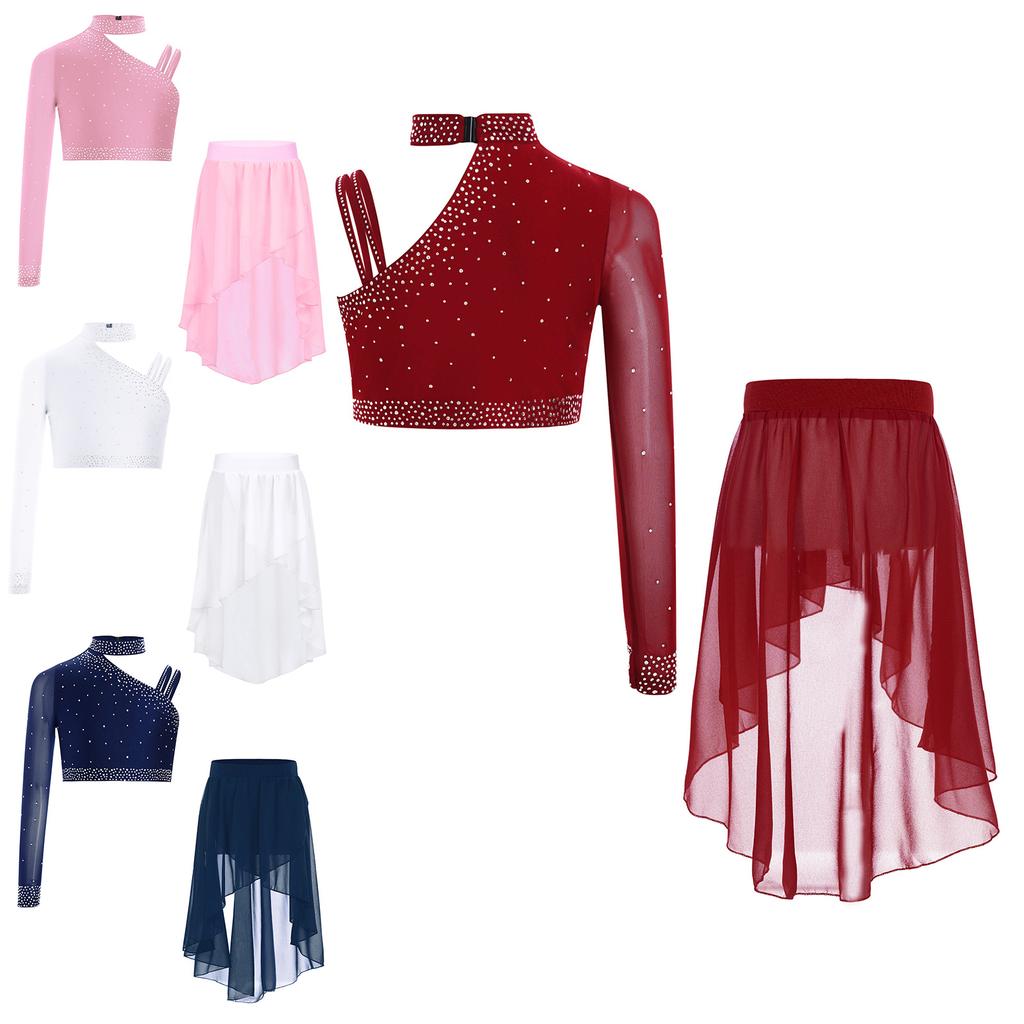 Girls Dance Costume Set Sparkly Rhinestones Crop Top with High-Low Chiffon Skirt