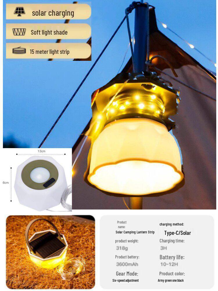 Rechargeable Outdoor Camping LED String Lights with Measuring Tape and Gas Atmosphere Lighting, Long Battery Life, Wind-Resistant Hanging Tent Rope.
