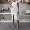 European & American Women's Elegant Split Solid Color Dress 2025 - Slim Fit, Round Neck