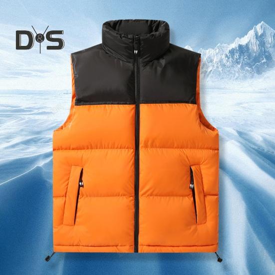 Men Cotton Waistcoat Stand Collar Sleeveless Patchwork Color Cotton Vest Coat with Pockets Elastic Drawstring Hem Zipper Placket Vest Outwear