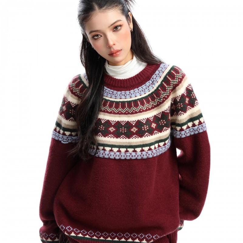 Korean Style Fair Isle Crew Neck Sweater Unisex Thick Warm Loose Knit Pullover Winter Daily Wear