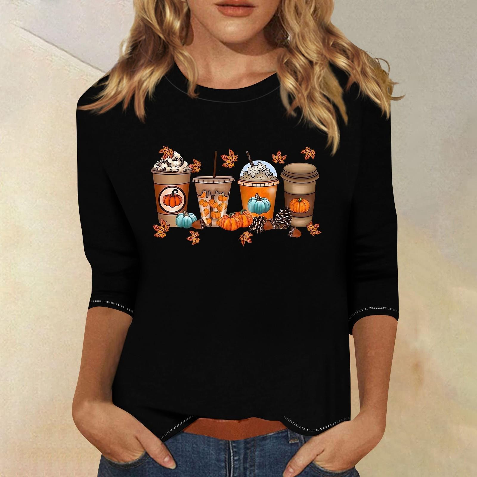 

3/4 рукава топы для женщин футболка повседневные принты топы футболка круглый вырез пуловер блузка L чёрный