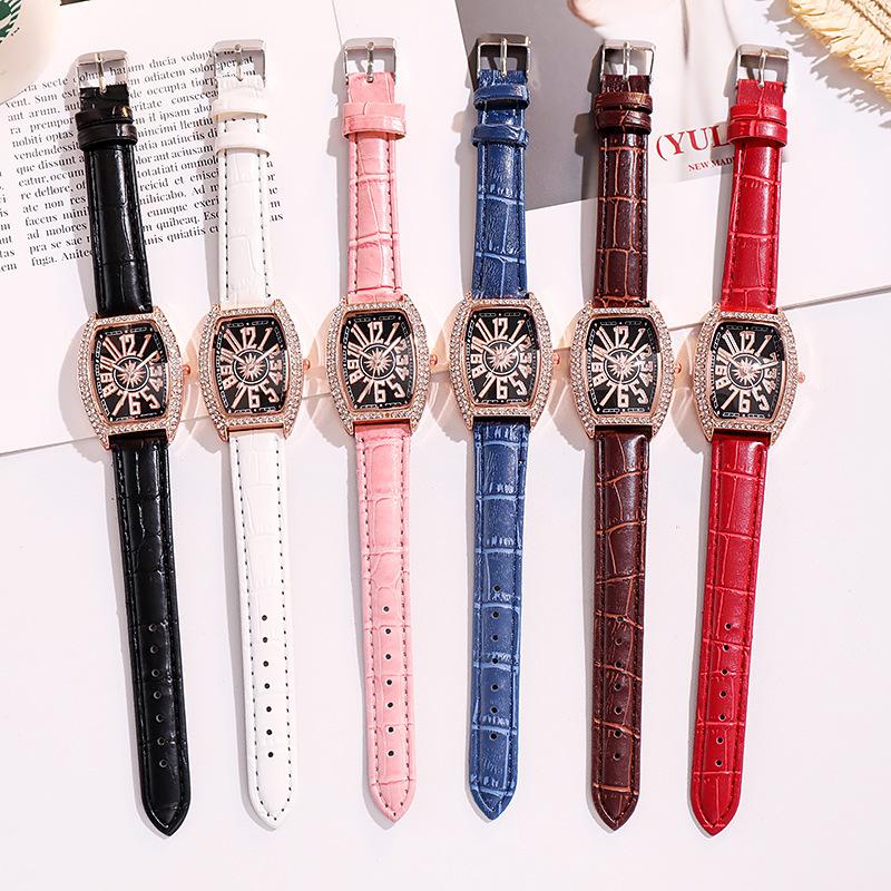 Ladies Leather Belt Rhinestone Watch Barrel-shaped Roman Numeral Wristwatch