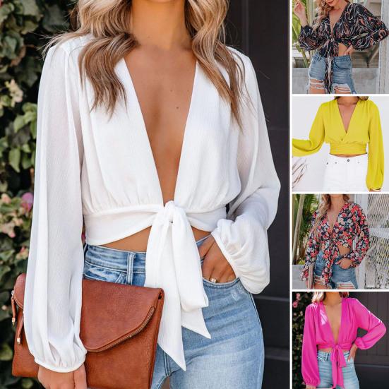 

Сплошной цвет спереди с бантом Женская блузка с открытым пупком и глубоким v-образным вырезом Фонарь