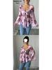 European Floral Gradient Tie-Up Square Neck Long Sleeve Shirt
