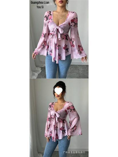 European Floral Gradient Tie-Up Square Neck Long Sleeve Shirt