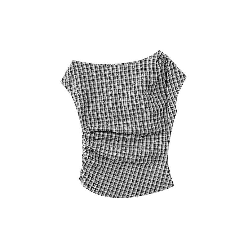 

2025 Летний французский клетчатый топ с открытыми плечами для женщин