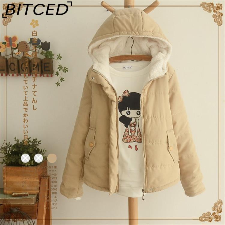 BITCED Fleece-Lined Thickened Cotton Jacket Quilted Short-Length Cotton Coat for Women Autumn/Winter Literary Minimalist Cotton-Padded Outerwear