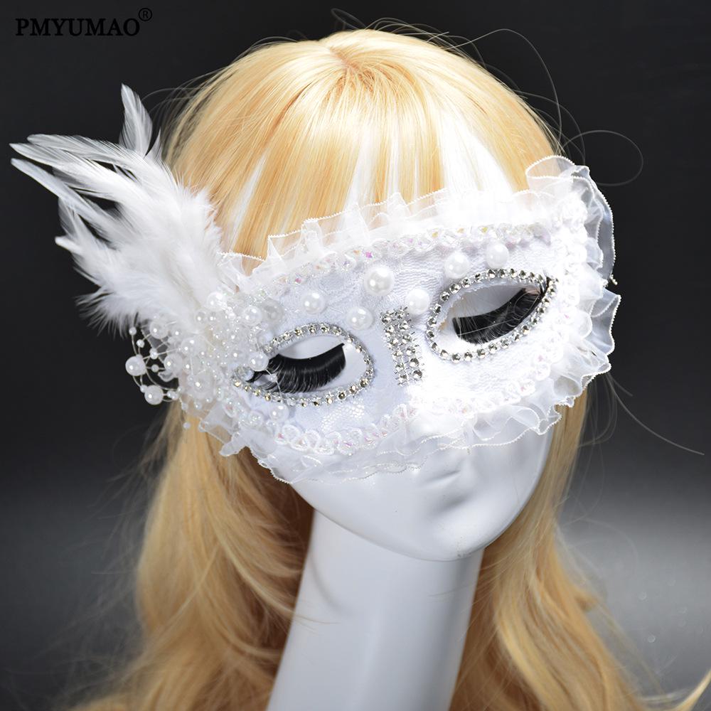 Princess Half-Face Lace Trim Mask with Side Feathers for Halloween Masquerade or Birthday Party