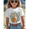European sizes Kids' Cute Orange Tabby Cat & Floral Print T-Shirt - Soft Breathable Short Sleeve Round Neck Top with Cat & Green Foliage Design