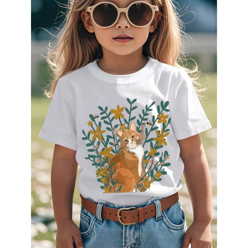 European sizes Kids' Cute Orange Tabby Cat & Floral Print T-Shirt - Soft Breathable Short Sleeve Round Neck Top with Cat & Green Foliage Design
